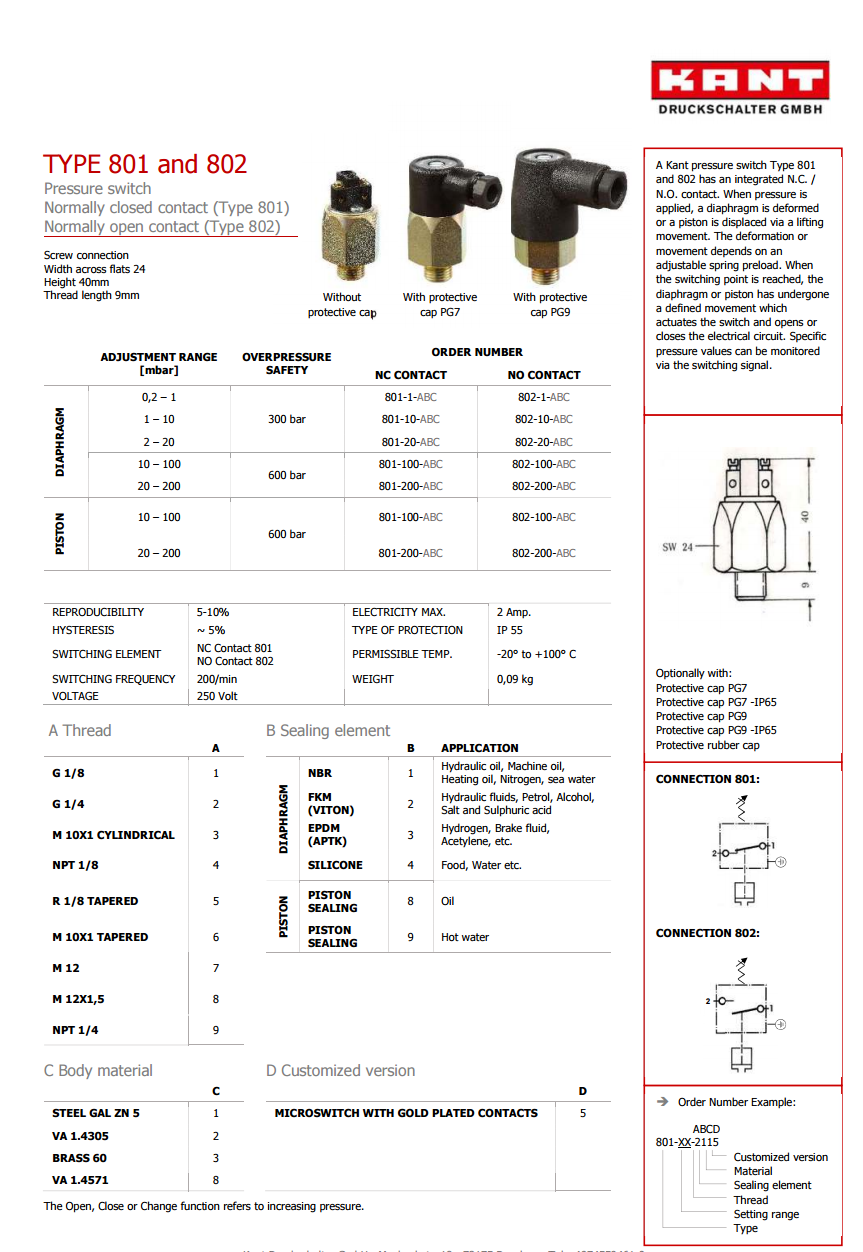 德国KANT压力开关, 802-100 K 10-100 Bar Pressure Switch现货.png